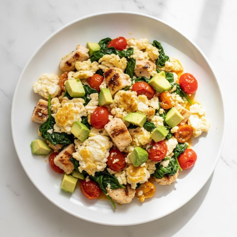 Chicken Egg White Scramble with Spinach and Cherry Tomatoes