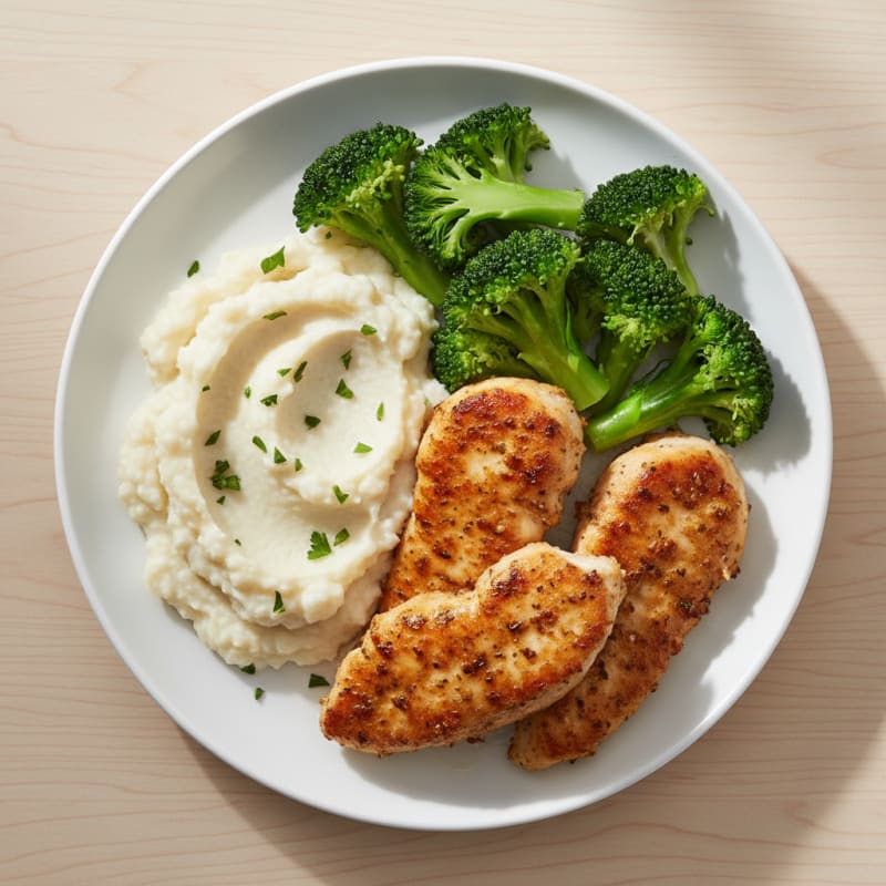 Seared Chicken Tenders with Steamed Broccoli and Garlic Cauliflower Mash