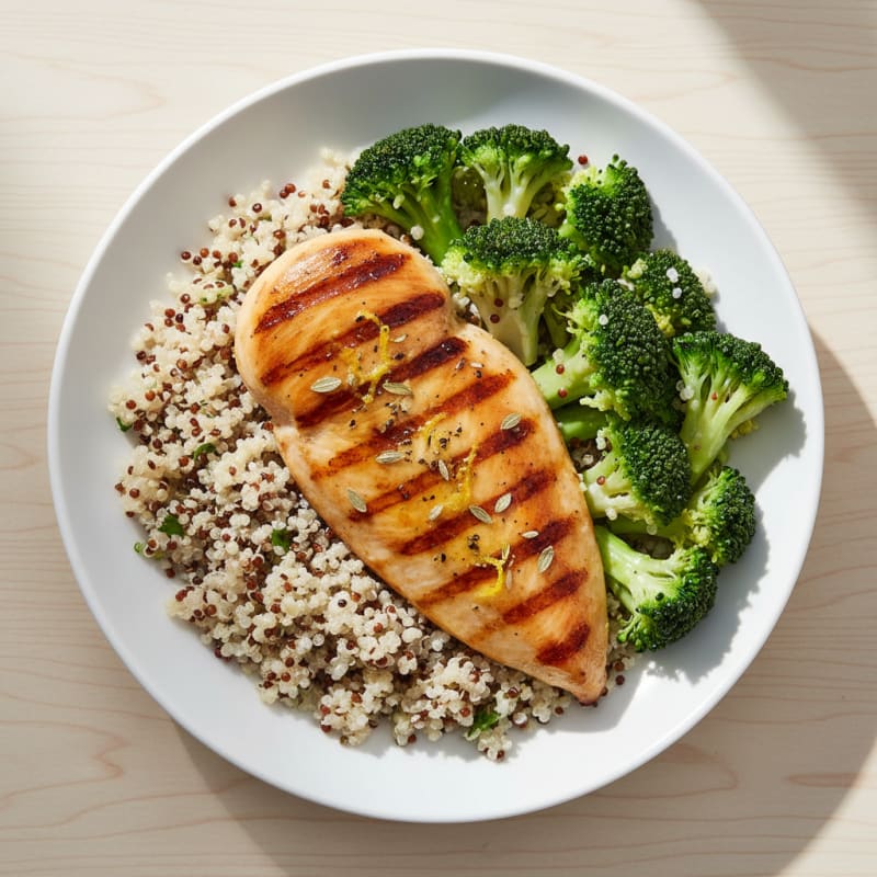 Grilled Chicken Breast with Quinoa and Steamed Broccoli