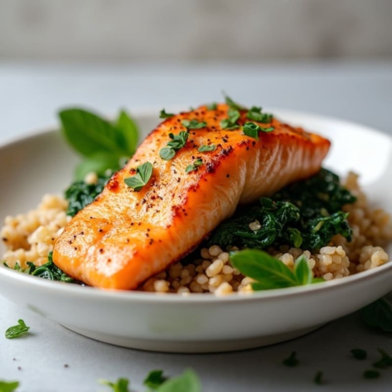 Seared Salmon with Garlic Spinach and Brown Rice