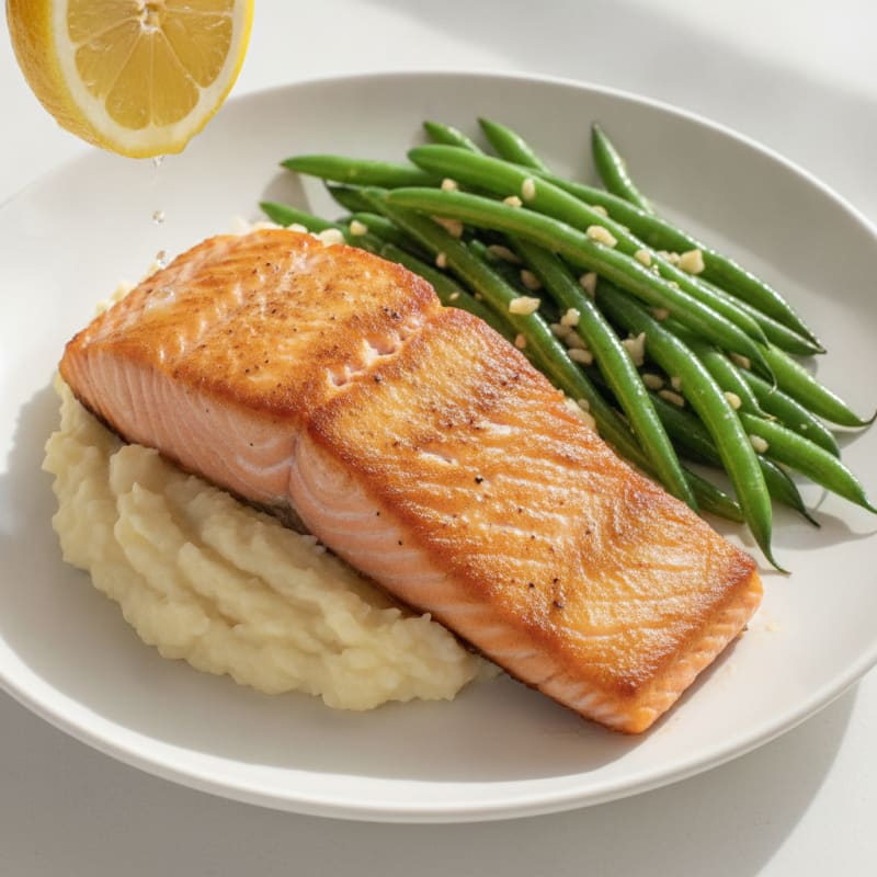 Seared Salmon with Garlic Green Beans and Cauliflower Mash