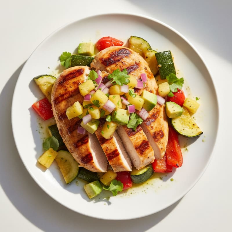 Grilled Chicken Breast with Roasted Vegetables and Pineapple Salsa