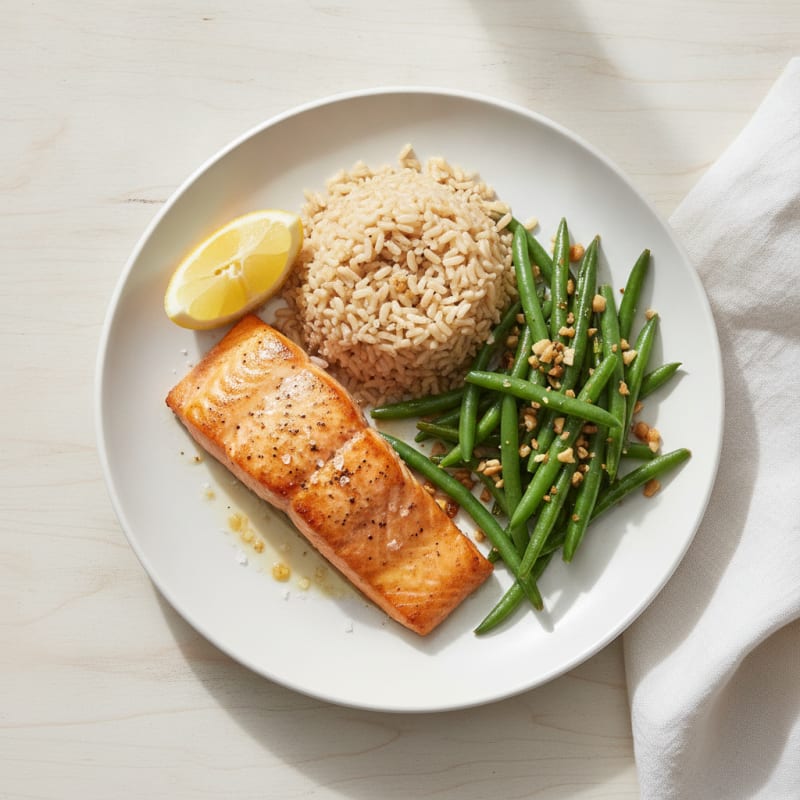 Seared Salmon Filet with Garlic Green Beans and Brown Rice