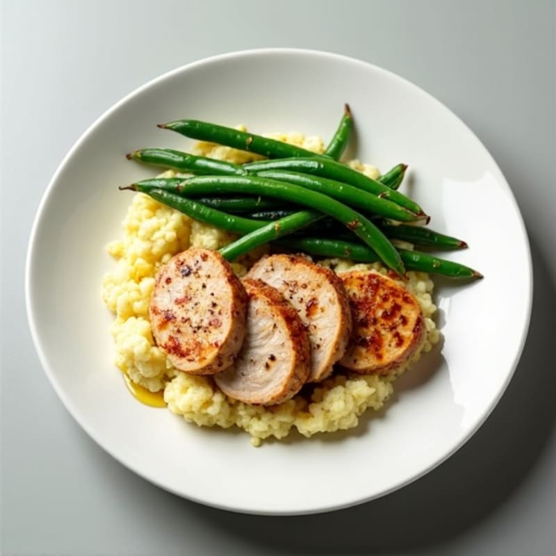 Seared Turkey Tenderloin with Steamed Green Beans and Cauliflower Mash