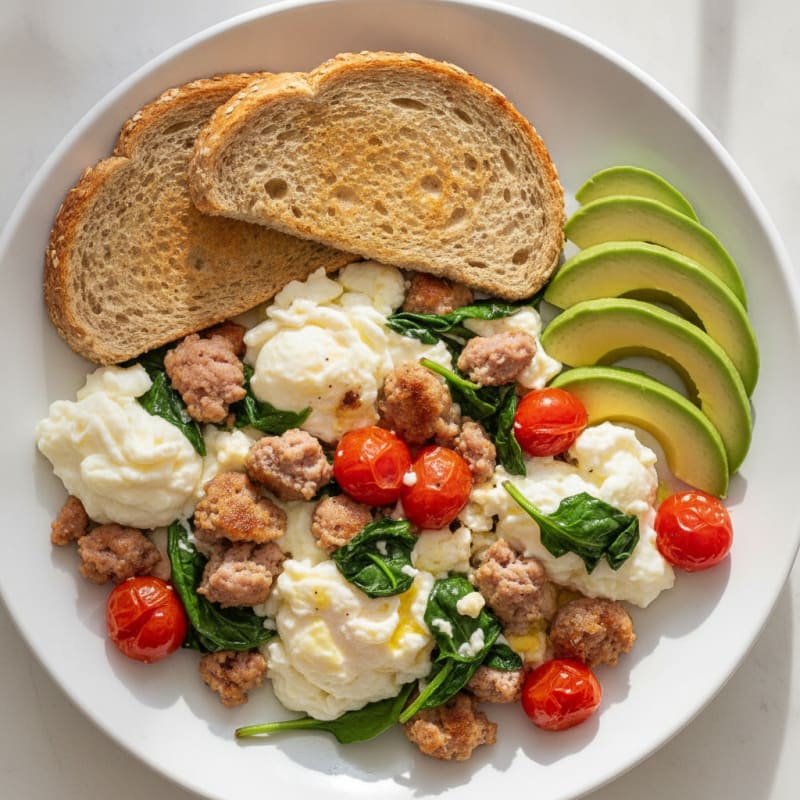 Egg White and Turkey Sausage Scramble with Spinach and Tomatoes