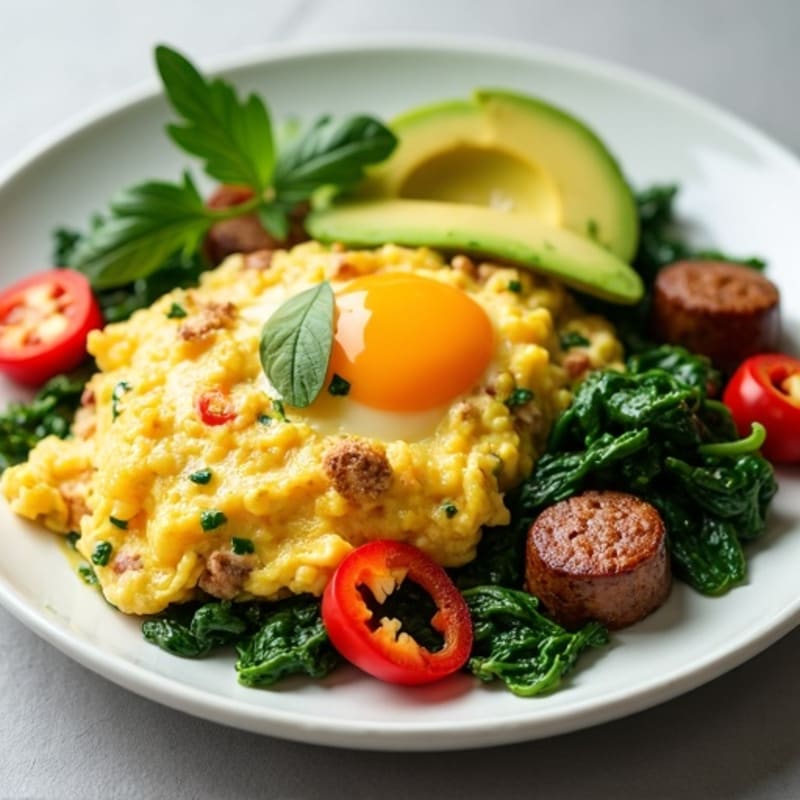 Egg White and Turkey Sausage Scramble with Sautéed Spinach