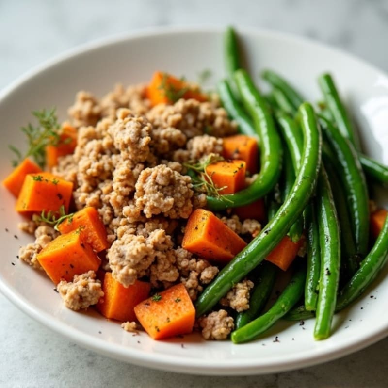 Lean Ground Turkey with Roasted Sweet Potatoes and Green Beans