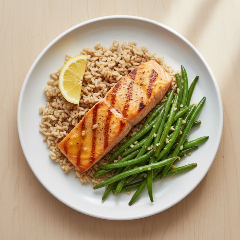 Seared Salmon with Garlic Green Beans and Brown Rice