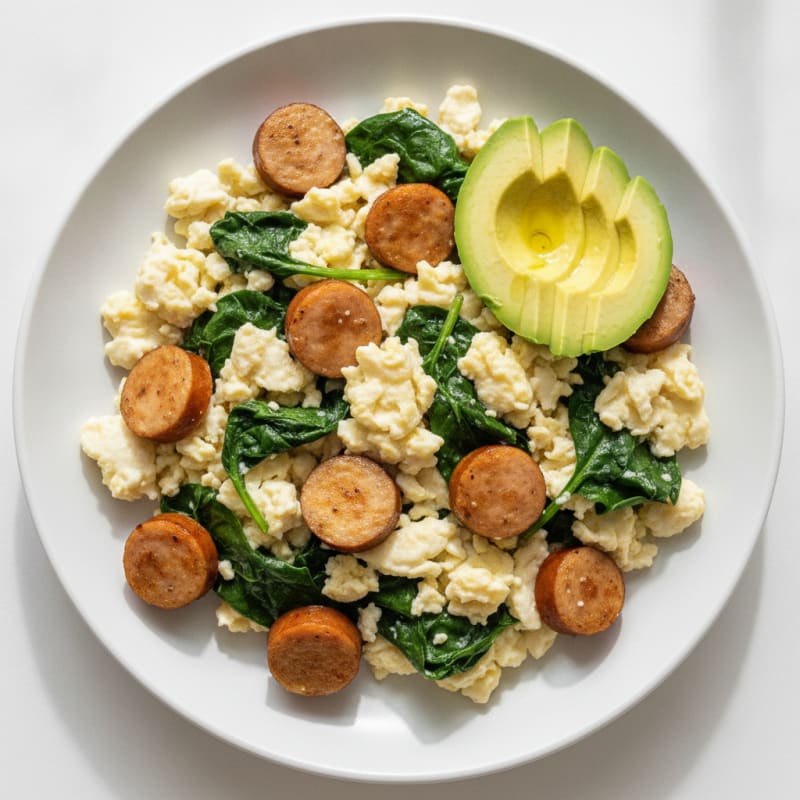 Scrambled Egg Whites with Chicken Sausage and Sautéed Spinach