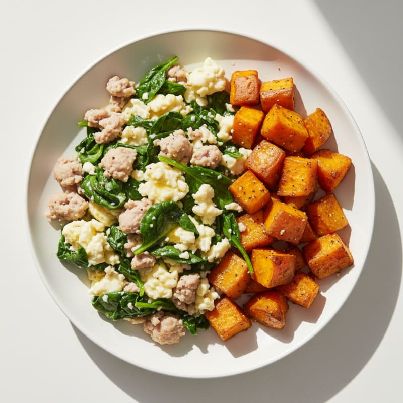 Egg White and Turkey Sausage Scramble with Spinach and Roasted Sweet Potato
