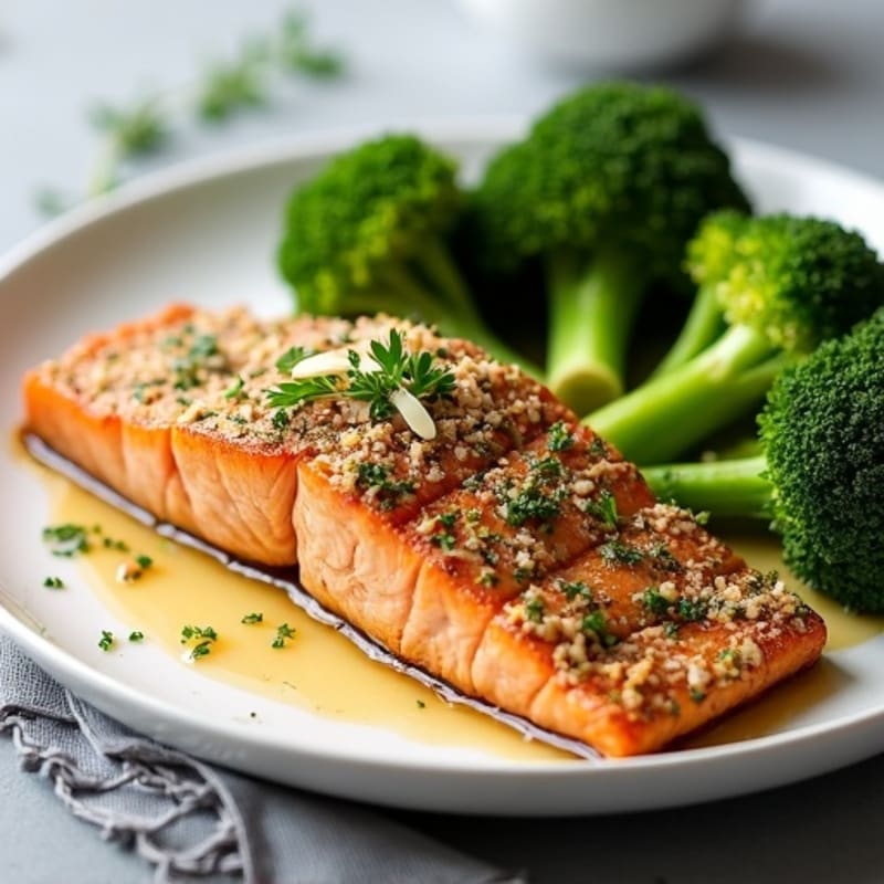 Herb-Crusted Pan Seared Salmon with Roasted Broccoli