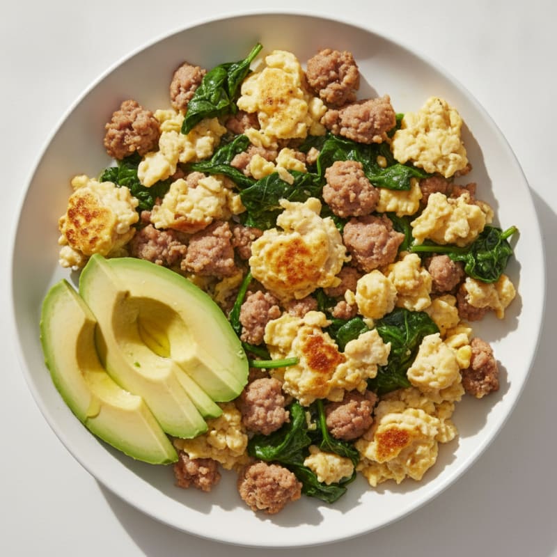 Scrambled Eggs with Turkey Sausage and Sautéed Spinach