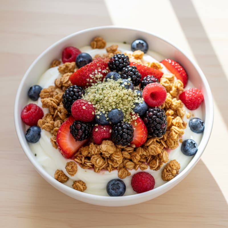 Silky Greek Yogurt Parfait with Protein Granola and Mixed Berries