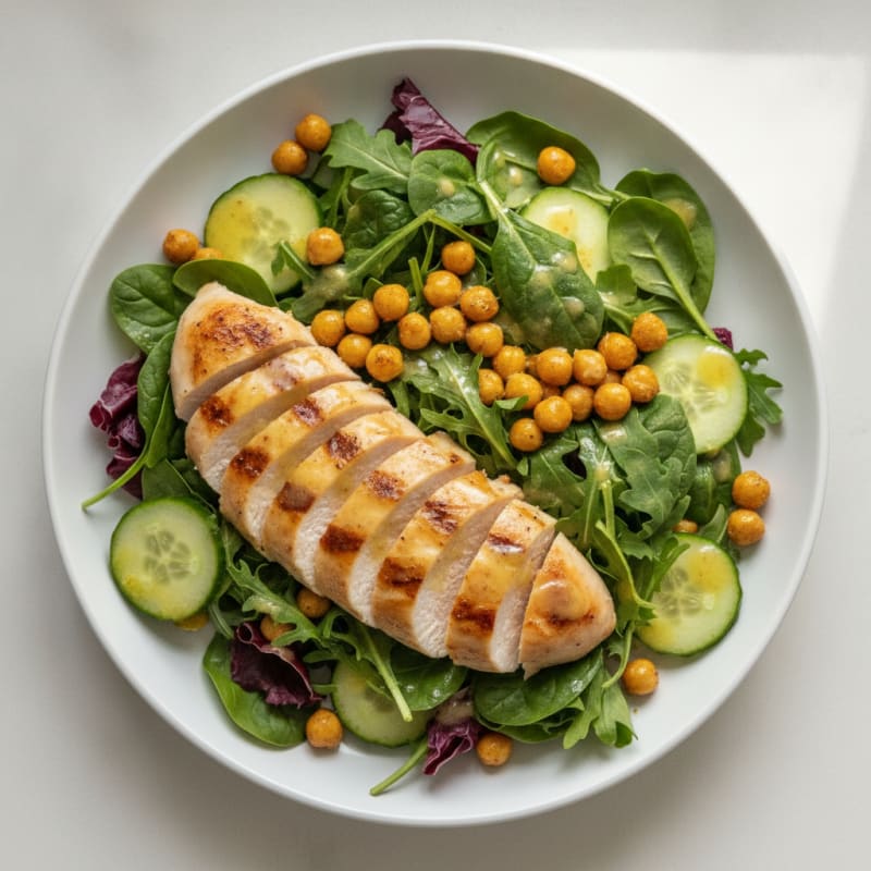 Grilled Chicken Breast over Mixed Greens with Chickpeas and Lemon Vinaigrette