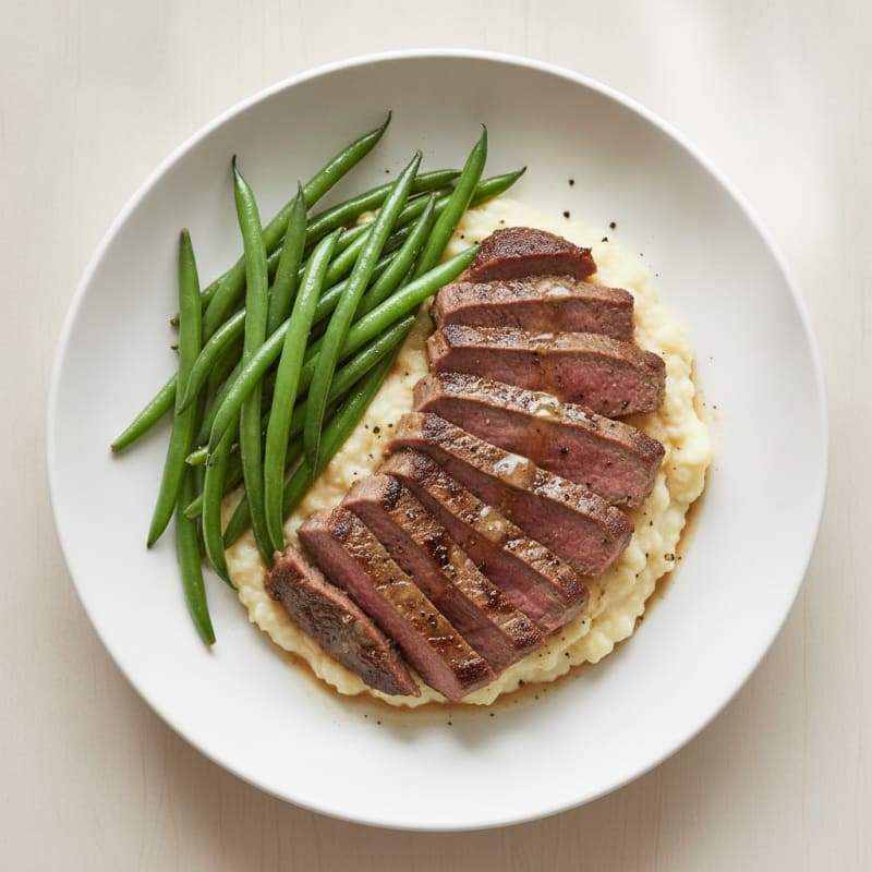 Seared Lean Beef Strips with Steamed Green Beans and Cauliflower Mash