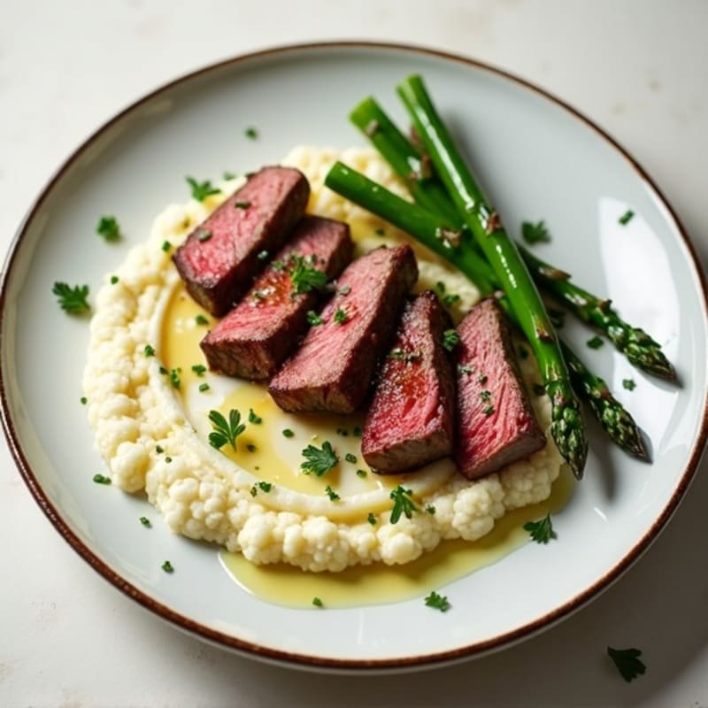 Seared Lean Beef Strips with Roasted Asparagus and Cauliflower Mash