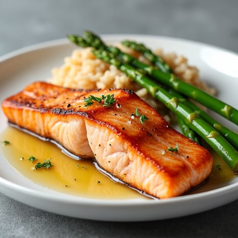 Pan-Seared Salmon with Steamed Asparagus and Brown Rice