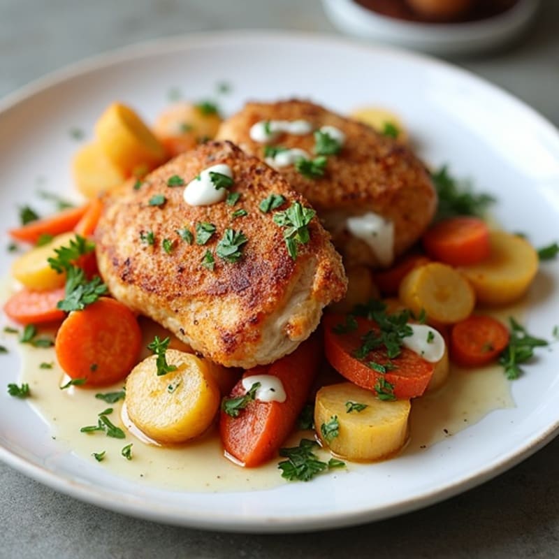 Crispy Spiced Chicken Thighs with Roasted Root Vegetables and Creamy Lemon-Herb Drizzle