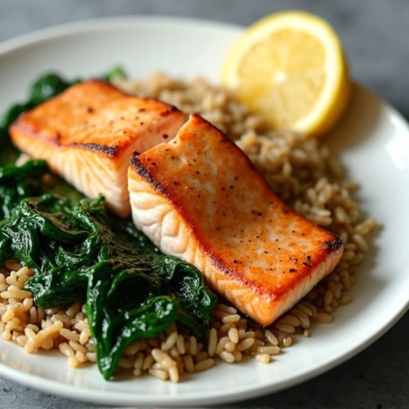 Seared Salmon with Garlic Spinach and Brown Rice Pilaf