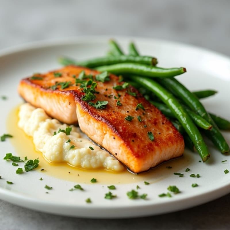 Seared Salmon with Steamed Green Beans and Cauliflower Mash