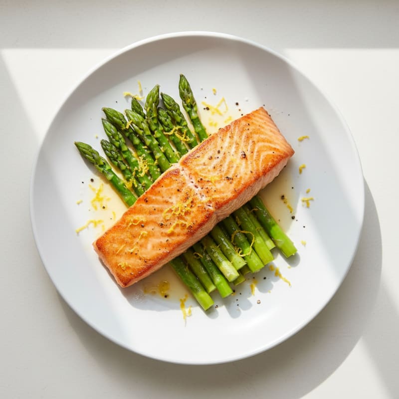 Seared Salmon with Steamed Asparagus and Lemon Zest