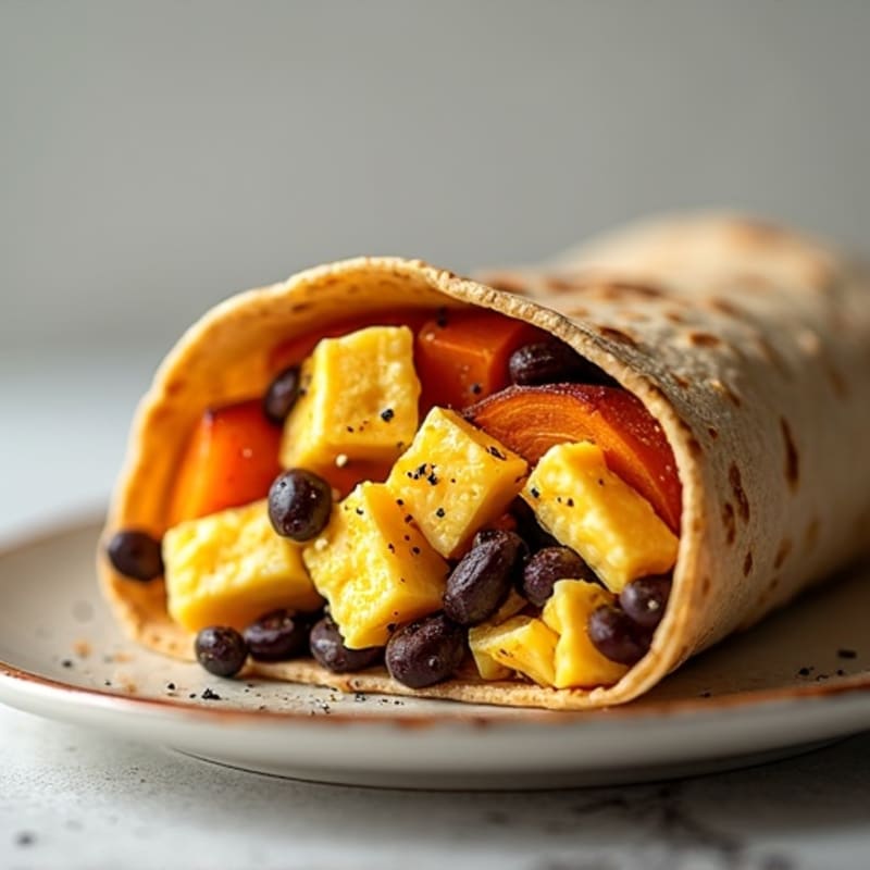 Hearty Scrambled Egg, Black Bean, and Roasted Sweet Potato Burrito