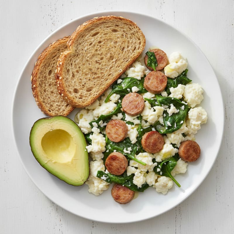 Egg White Scramble with Turkey Sausage and Spinach