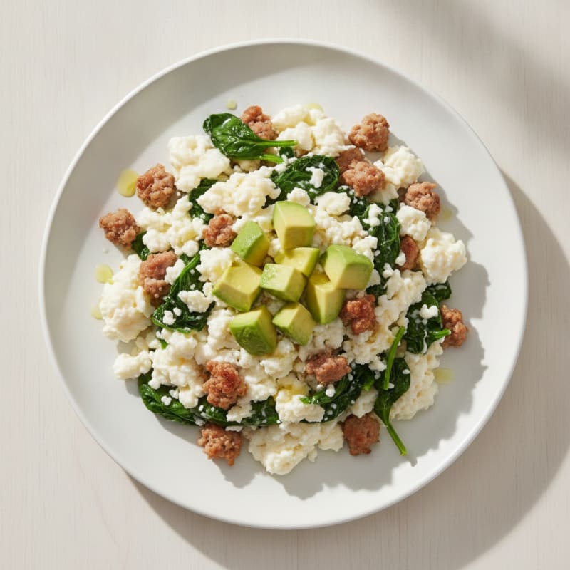 Egg White Scramble with Turkey Sausage and Sautéed Spinach