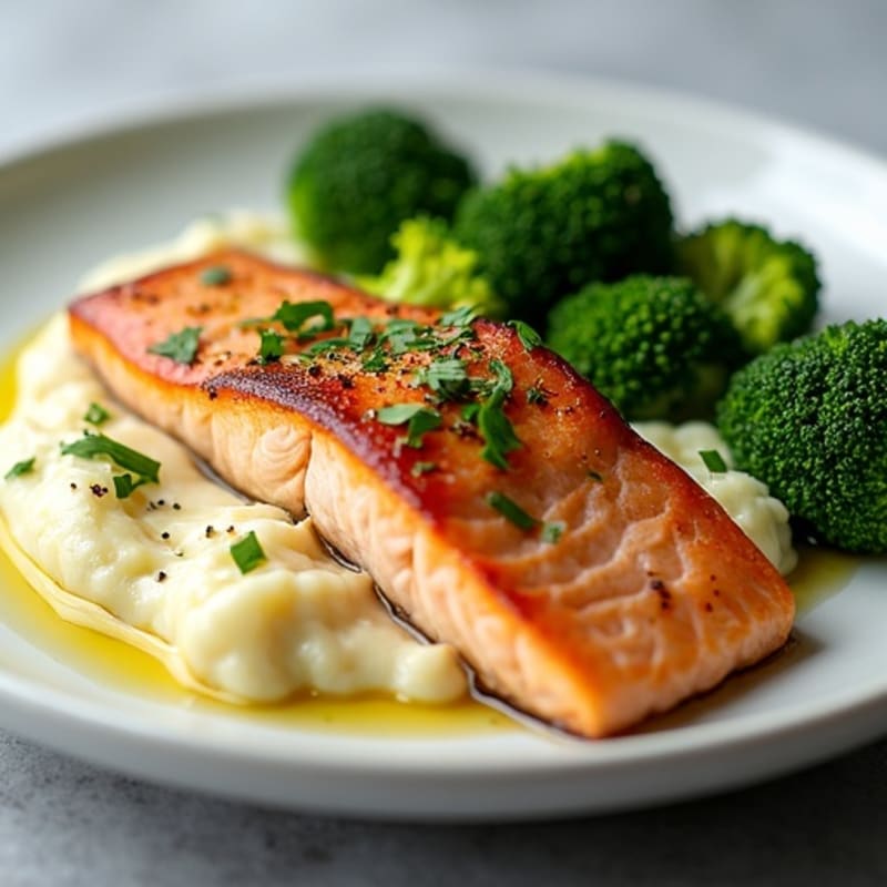 Seared Salmon with Creamy Garlic Mashed Cauliflower and Sautéed Broccoli