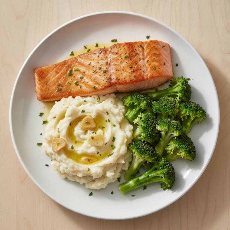 Seared Salmon with Steamed Broccoli and Garlic Mashed Potatoes