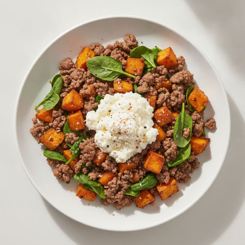 Ground Beef and Sweet Potato Skillet with Cottage Cheese