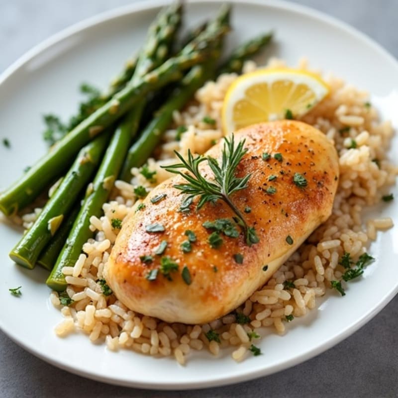 Lemon-Herb Roasted Chicken with Fluffy Brown Rice and Roasted Asparagus