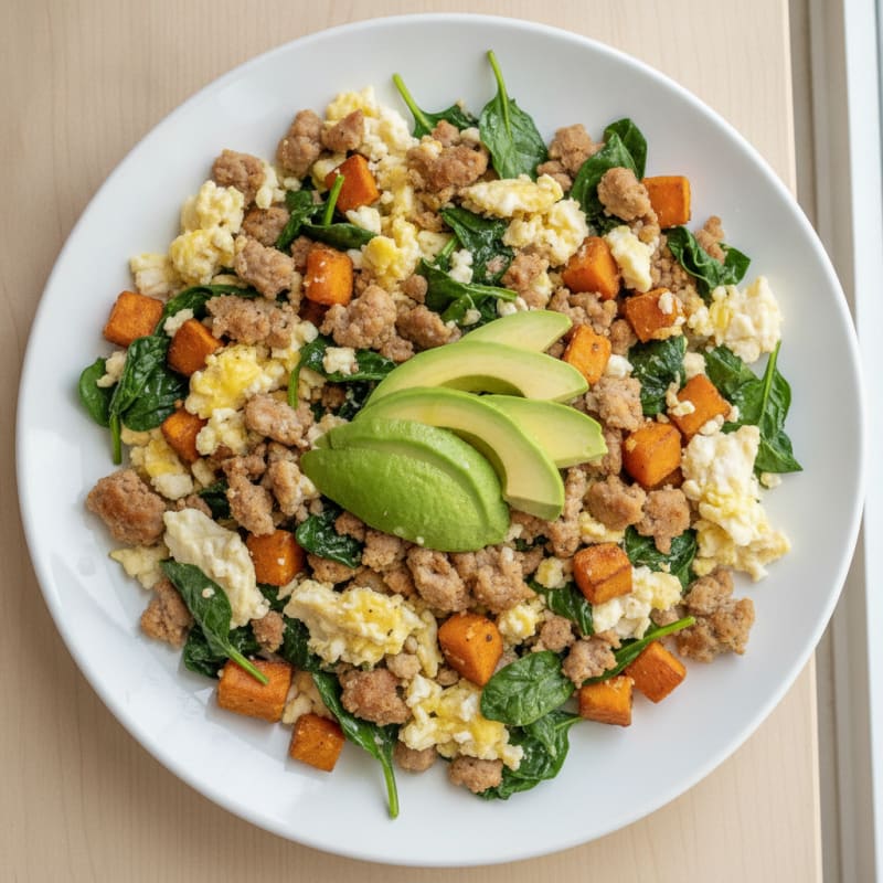 Crispy Turkey Sausage and Egg White Scramble with Sautéed Spinach