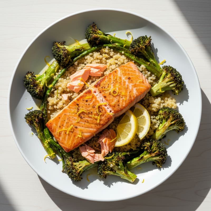 Seared Salmon Fillet with Roasted Broccoli and Lemon Zest Quinoa