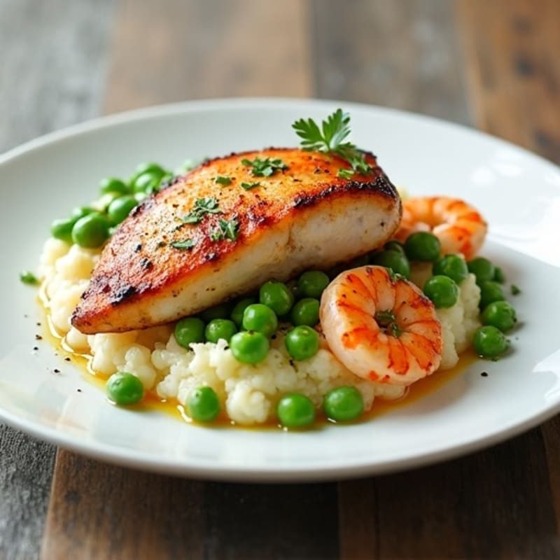 Seared Chicken Breast with French Peas, Shrimp & Garlic Mashed Cauliflower