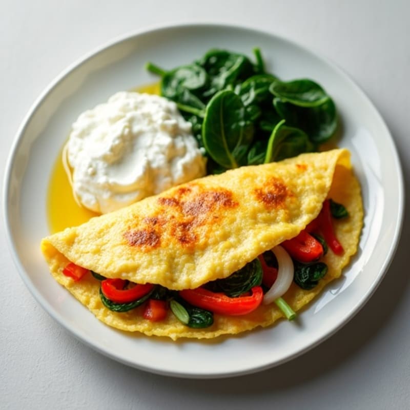 Egg White Veggie Omelet with Cottage Cheese and Sautéed Spinach