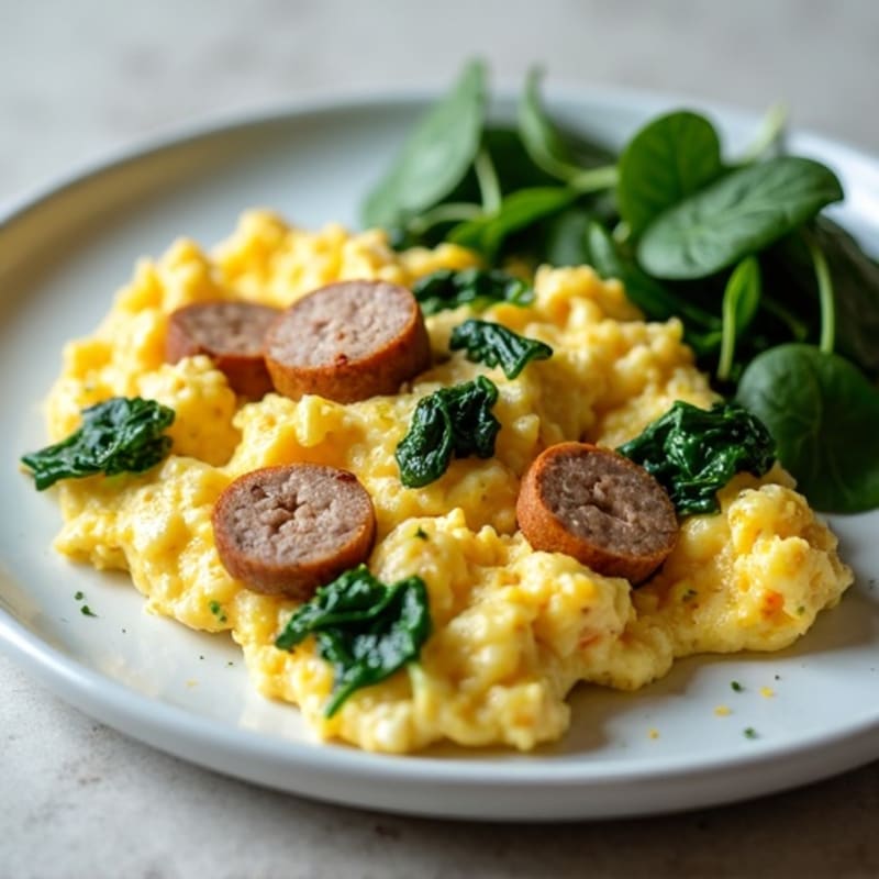 Egg White and Turkey Sausage Scramble with Sautéed Spinach