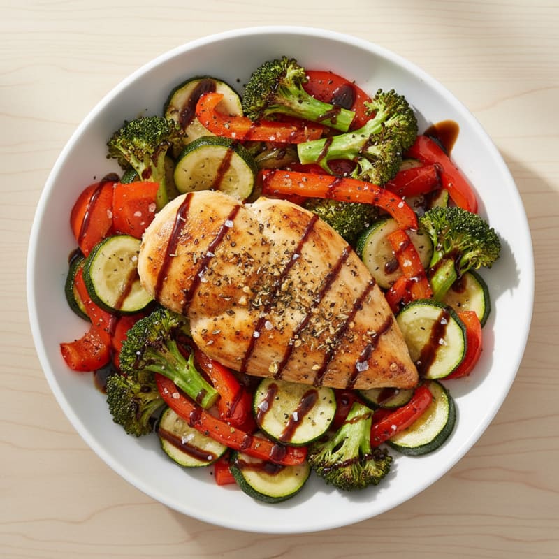 Crispy Roasted Vegetable Medley with Herb-Crusted Chicken