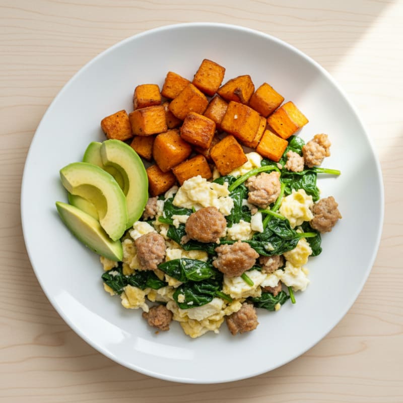 Egg White and Turkey Sausage Scramble with Spinach and Roasted Sweet Potato