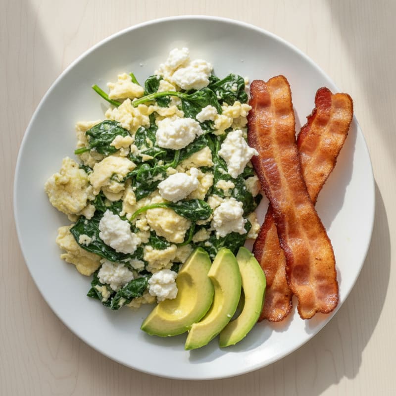 Egg White and Spinach Scramble with Cottage Cheese and Turkey Bacon
