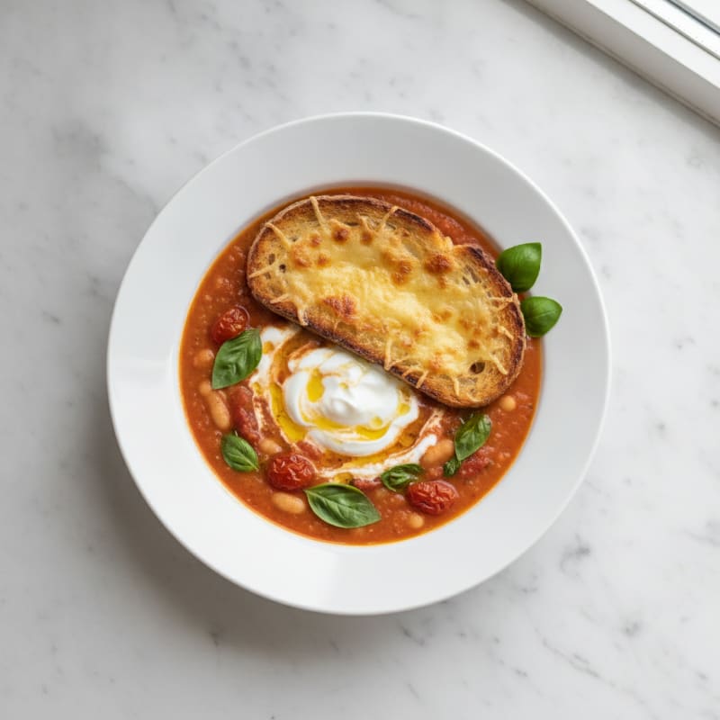 Roasted Tomato Basil Soup with Parmesan Crostini