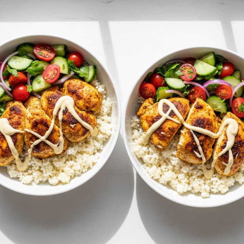 Crispy Lemon-Herb Chicken Shawarma Bowls