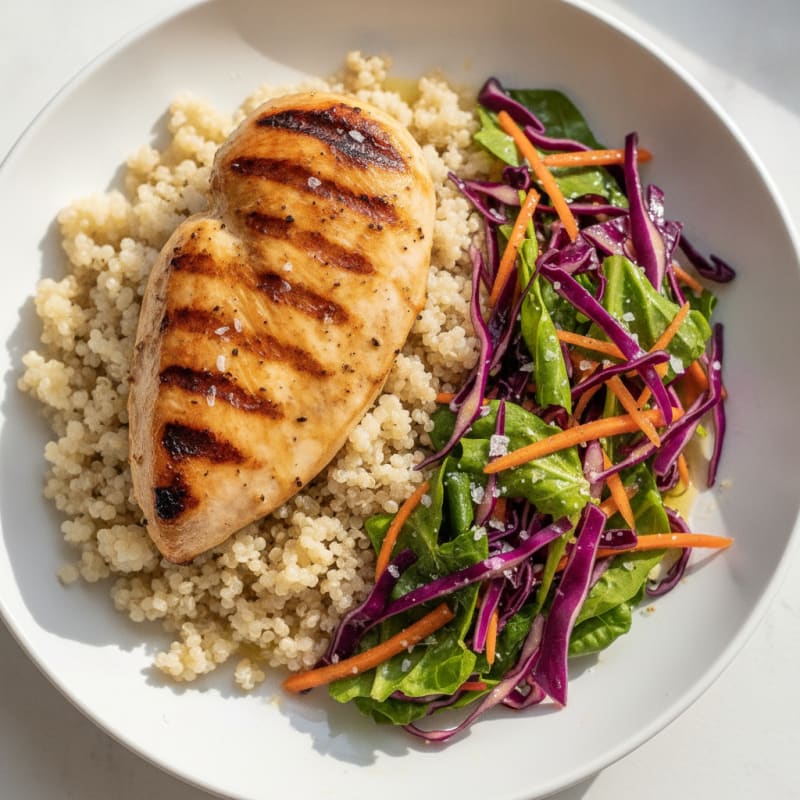 Grilled Chicken Breast with Crunchy Cabbage Slaw and Quinoa
