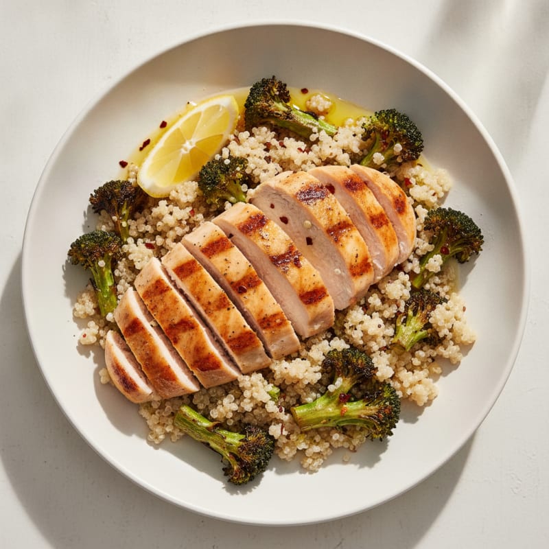 Grilled Chicken and Quinoa Bowl with Roasted Broccoli