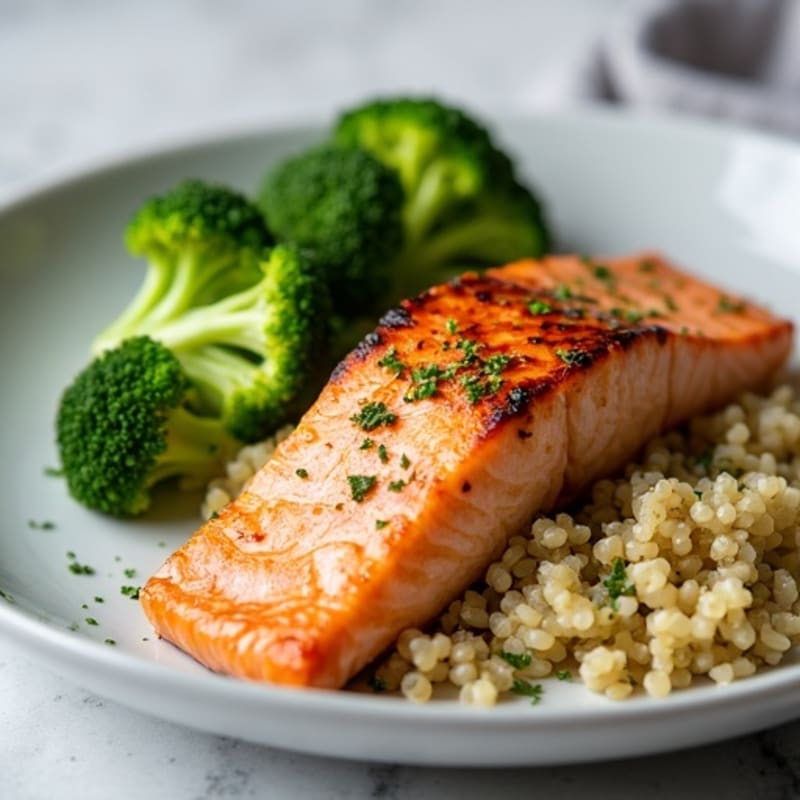Seared Salmon Filet with Steamed Broccoli and Quinoa