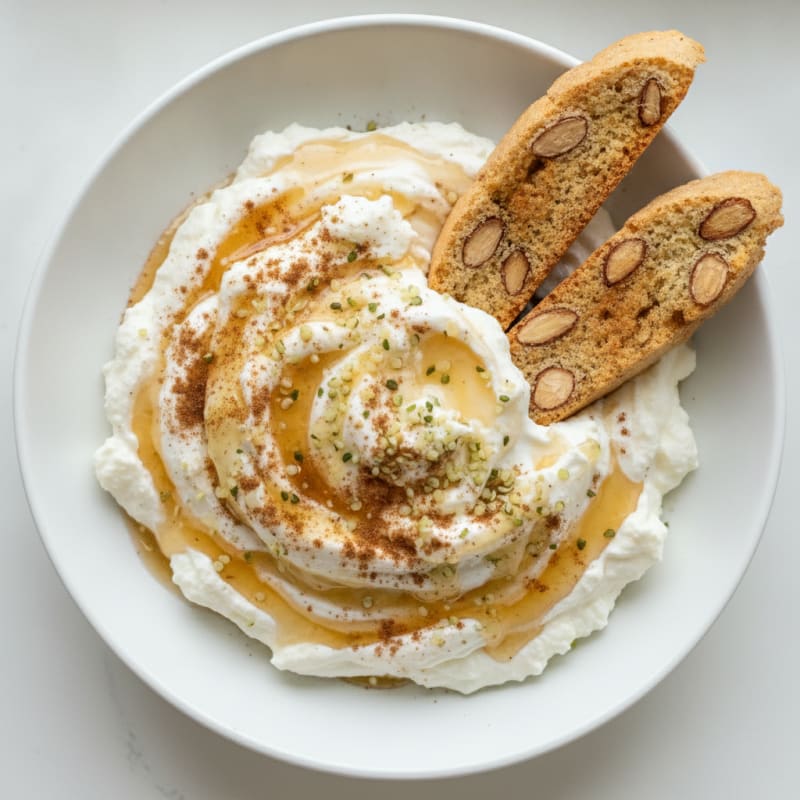 Honey Yogurt and Whipped Cheese with Almond Biscotti
