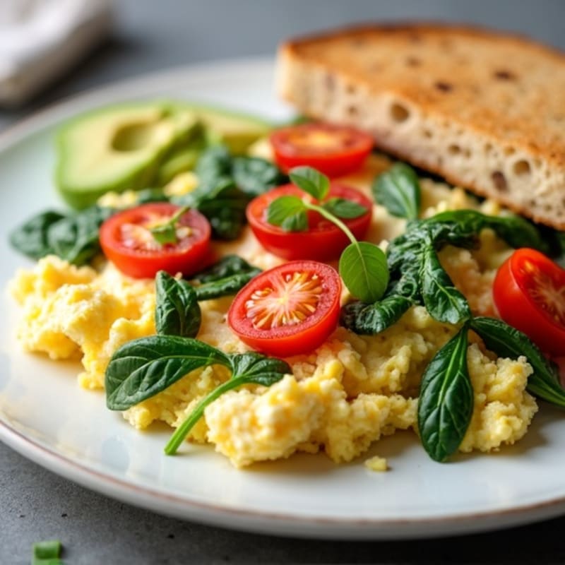 Cottage Cheese Egg White Scramble with Spinach and Cherry Tomatoes