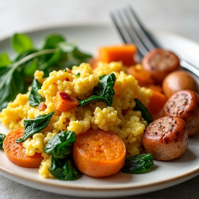 Egg White and Turkey Sausage Scramble with Spinach and Roasted Sweet Potatoes