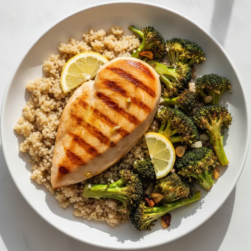 Grilled Chicken Breast with Quinoa and Roasted Broccoli