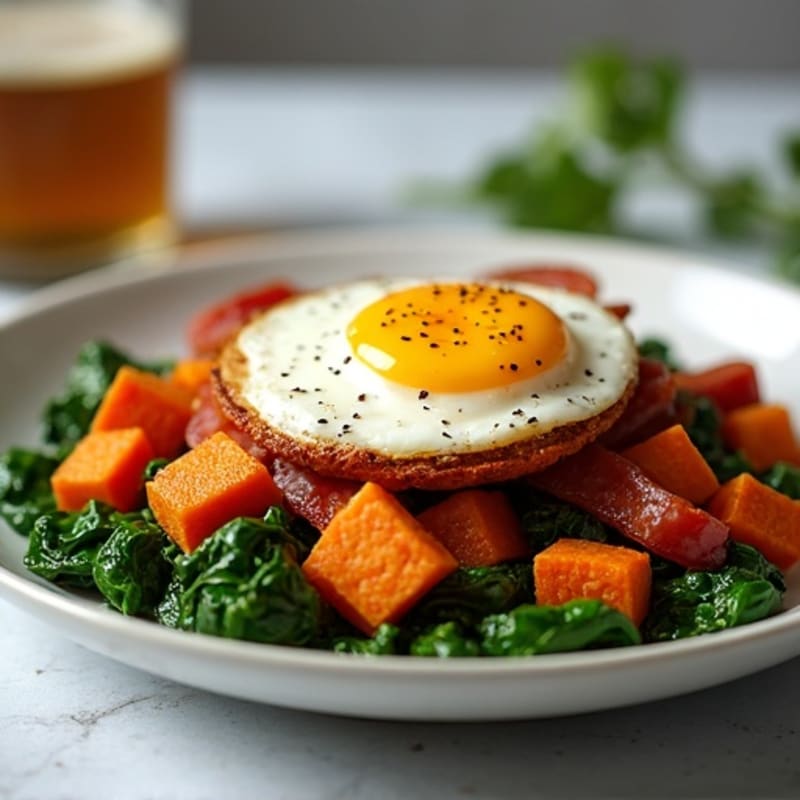 Crispy Sweet Potato Hash with Sautéed Spinach and Fried Eggs